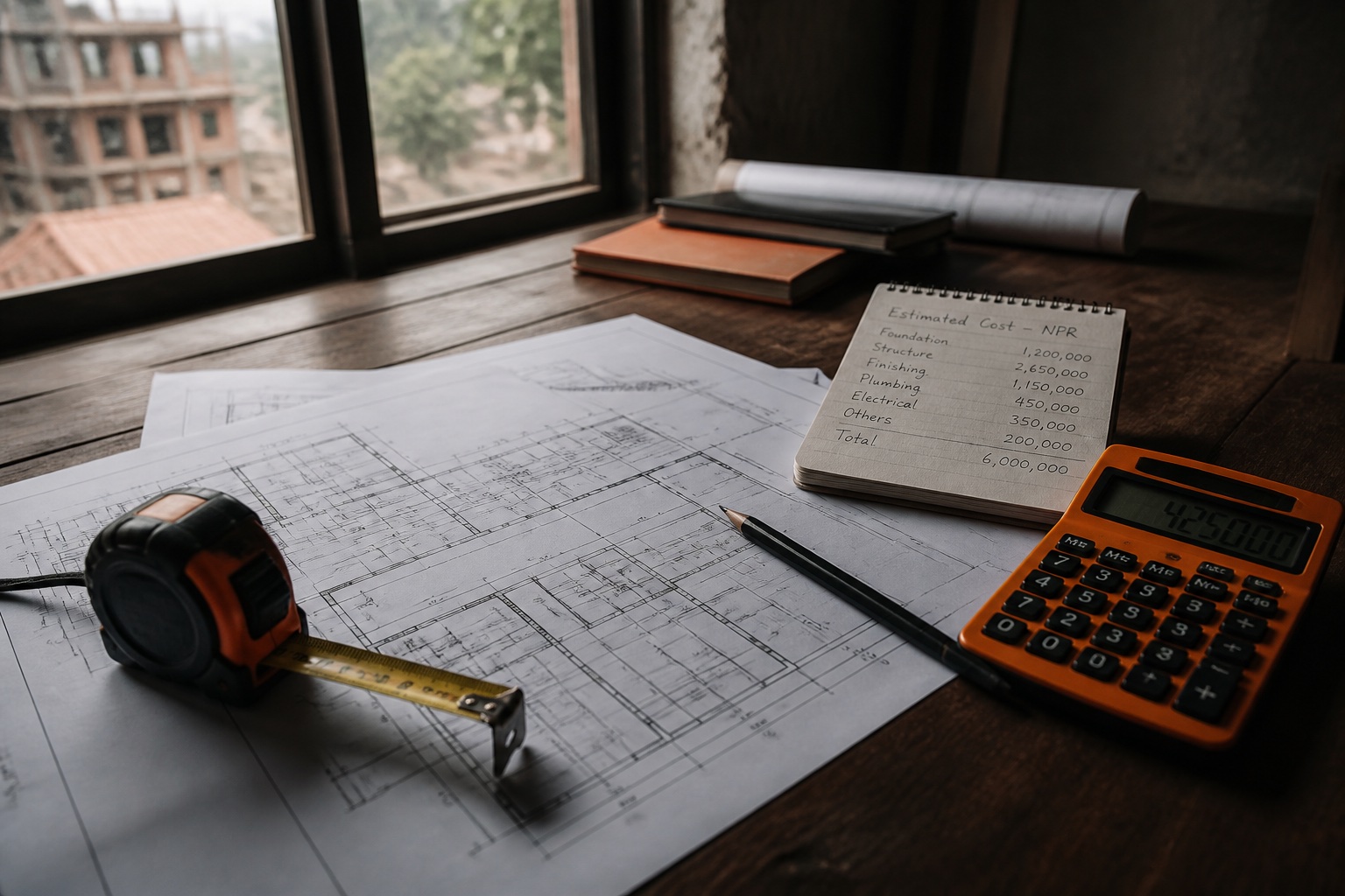 Floor plans, calculator, and measuring tape used for home build cost estimation