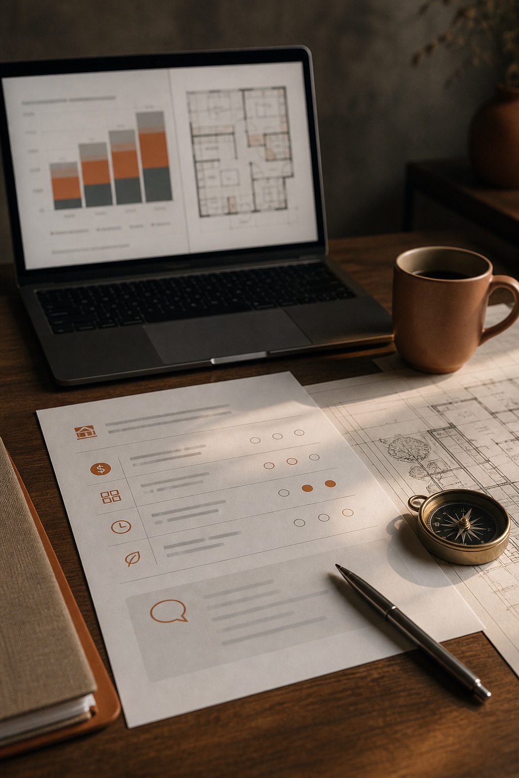 Laptop with cost ranges and floor plans beside a planning checklist on a desk