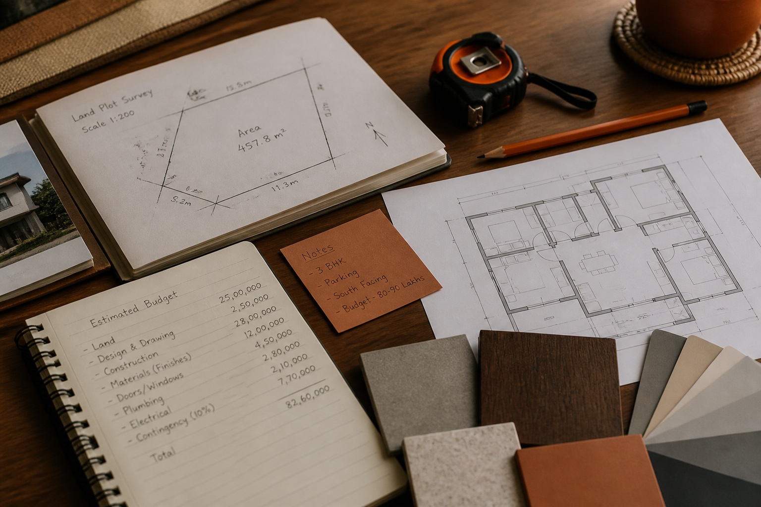 Land plot sketch, budget notes, and material swatches for early home planning